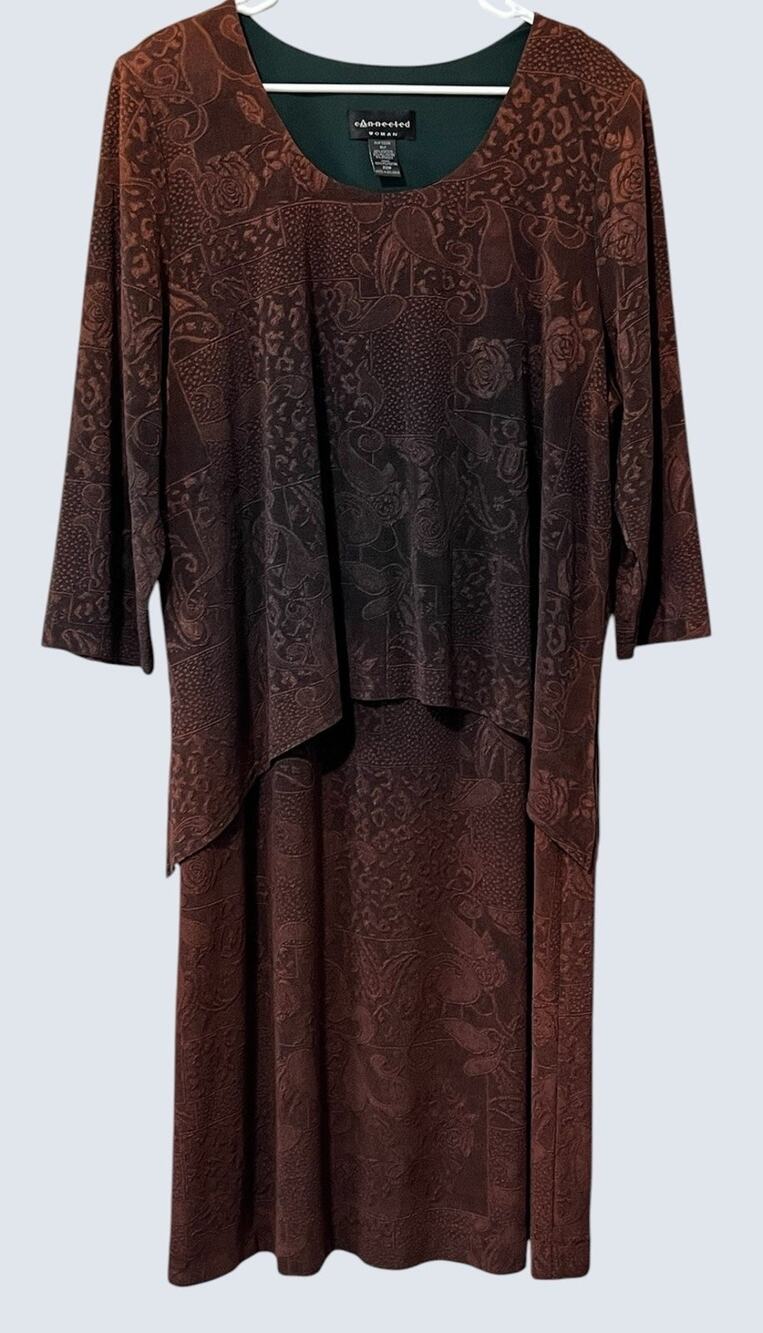Connected Woman Jacquard Paisley Shift Dress Brown/Taupe Layered Whimsigoth 22W